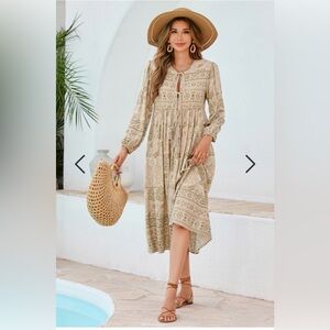 Relaxed Cottage Boho Midi Dress in Beige with Olive Floral Print